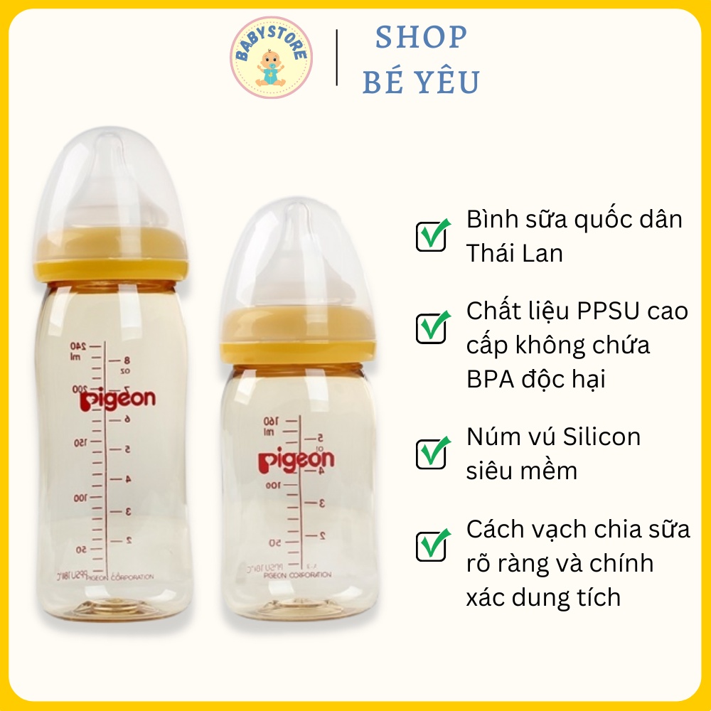 Bình sữa Pigeon cổ rộng nhập khẩu thái lan dung tích 160ml và 240ml chất liêu PPSU an toàn cho bé
