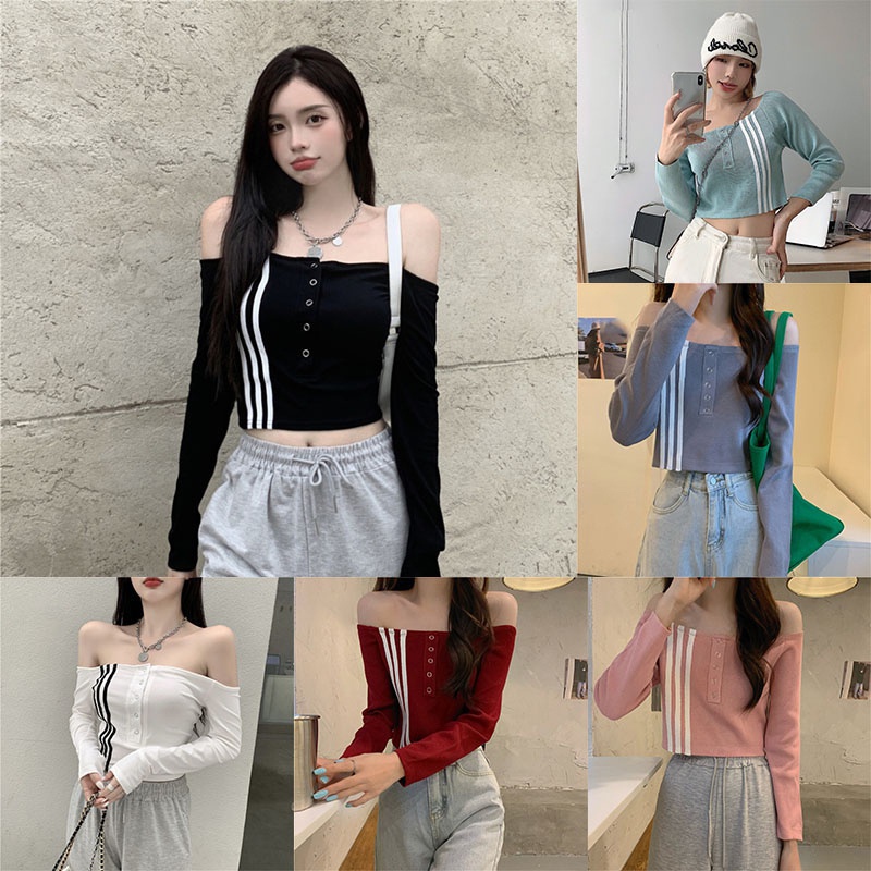 Áo croptop tay dài trễ vai họa tiết kẻ sọc phong cách Hàn Quốc quyến rũ cho nữ