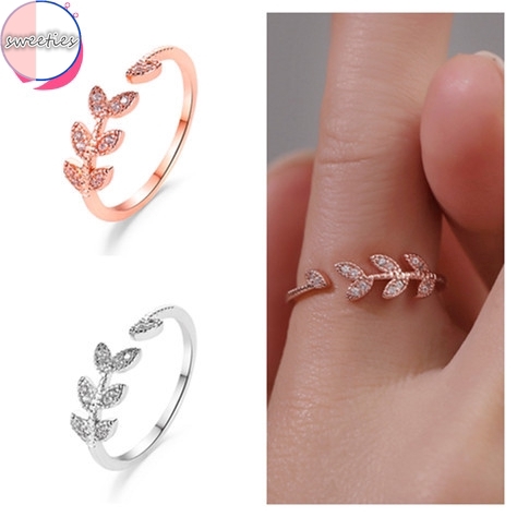 Nhẫn dáng hở đính đá zircon hình chiếc lá kiểu Hàn Quốc cho nữ