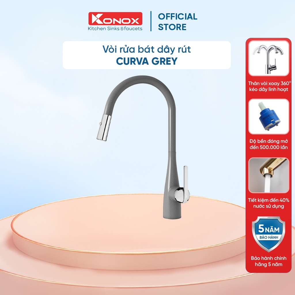 Vòi rửa bát rút dây KONOX Curva Grey, bề mặt xử lý mạ PVD Granite, lõi hợp kim đồng 61% tiêu chuẩn Châu Âu CW617N