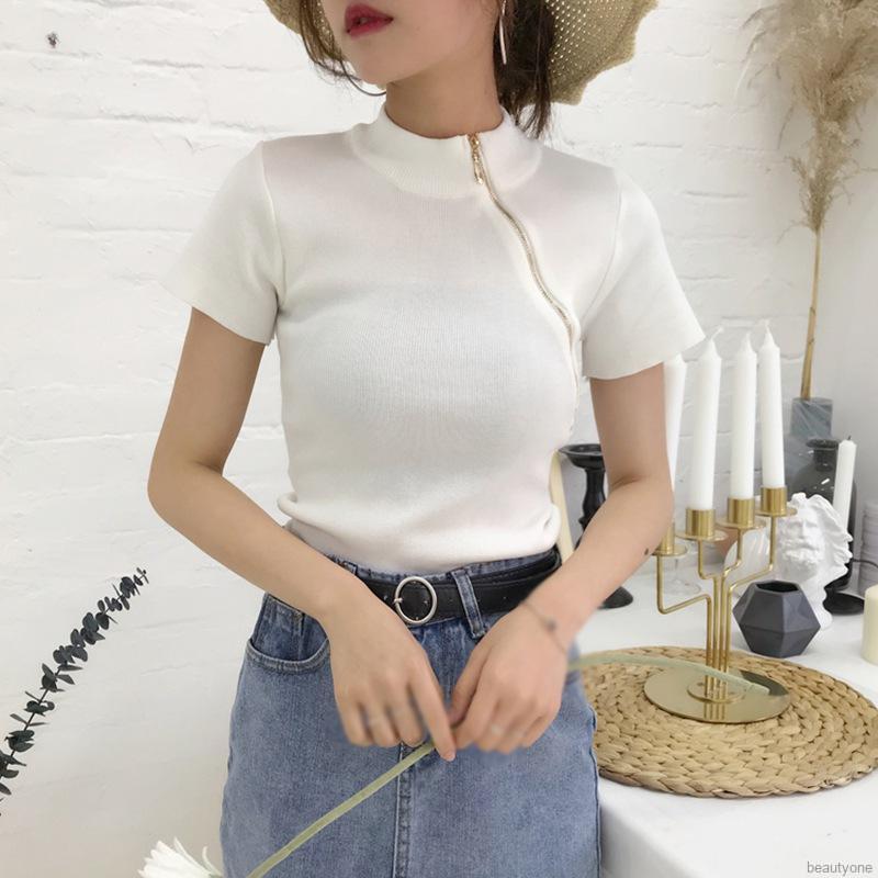 Áo dệt kim tay ngắn phối khoá kéo phong cách Hàn Quốc