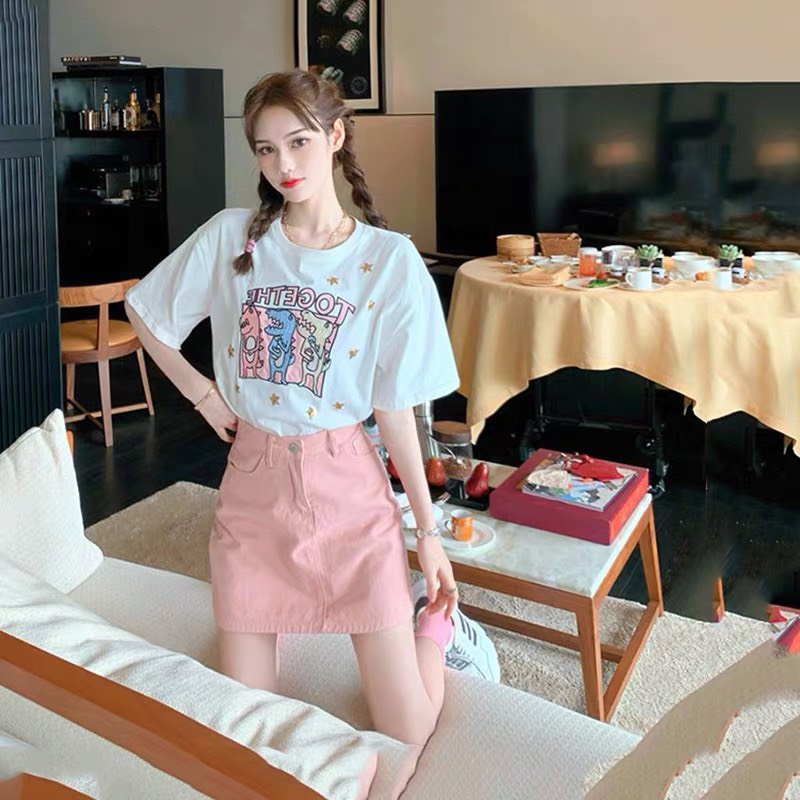 Set chân váy hồng áo thun TOGETHE khủng long LT094