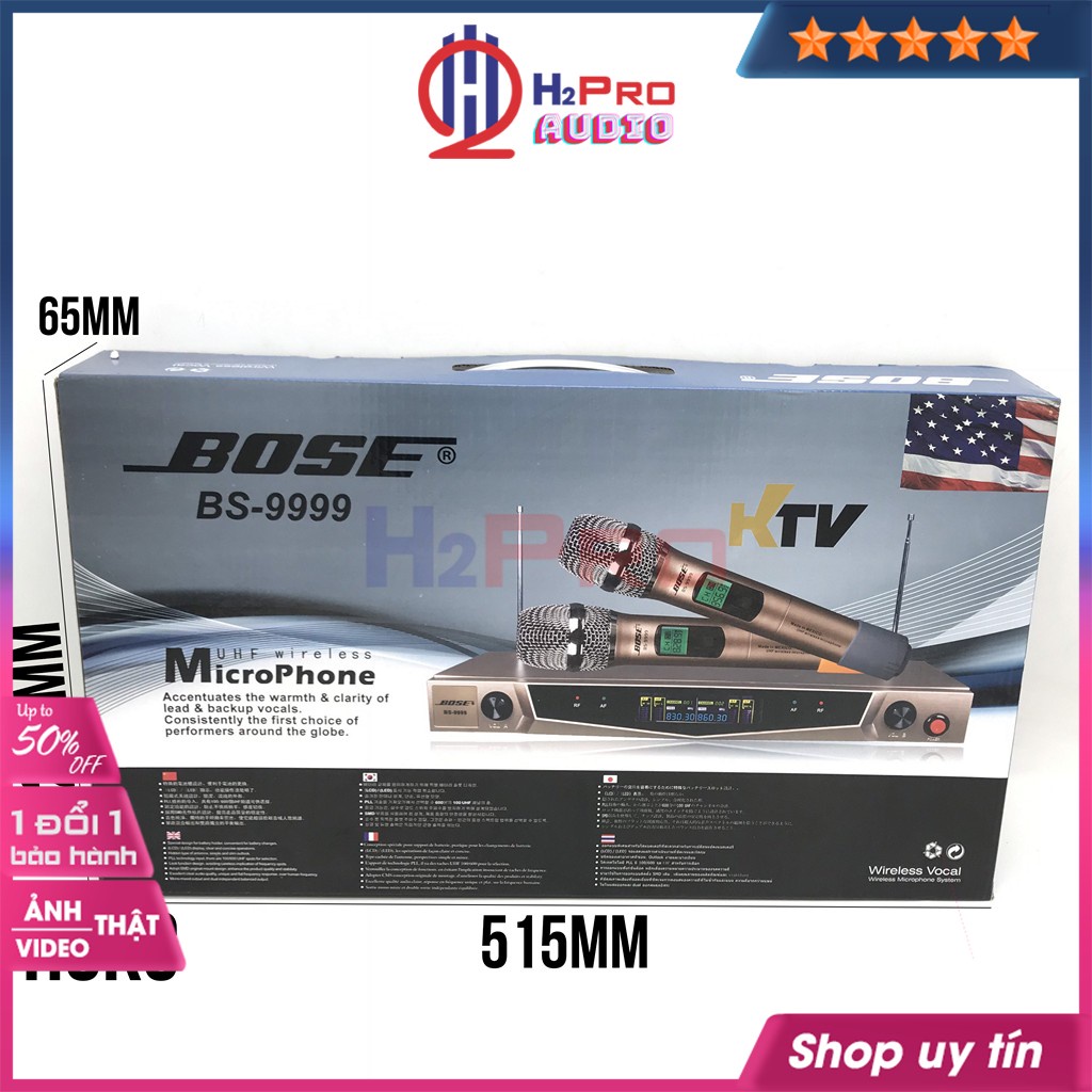 Bộ 2 Micro Không Dây, Micro Hát Karaoke BS-9999 Cao Cấp, Hút Âm Tốt, Chống Nhiễu, Giảm Hú (Tặng 2 Đôi Pin)-H2Pro Tech