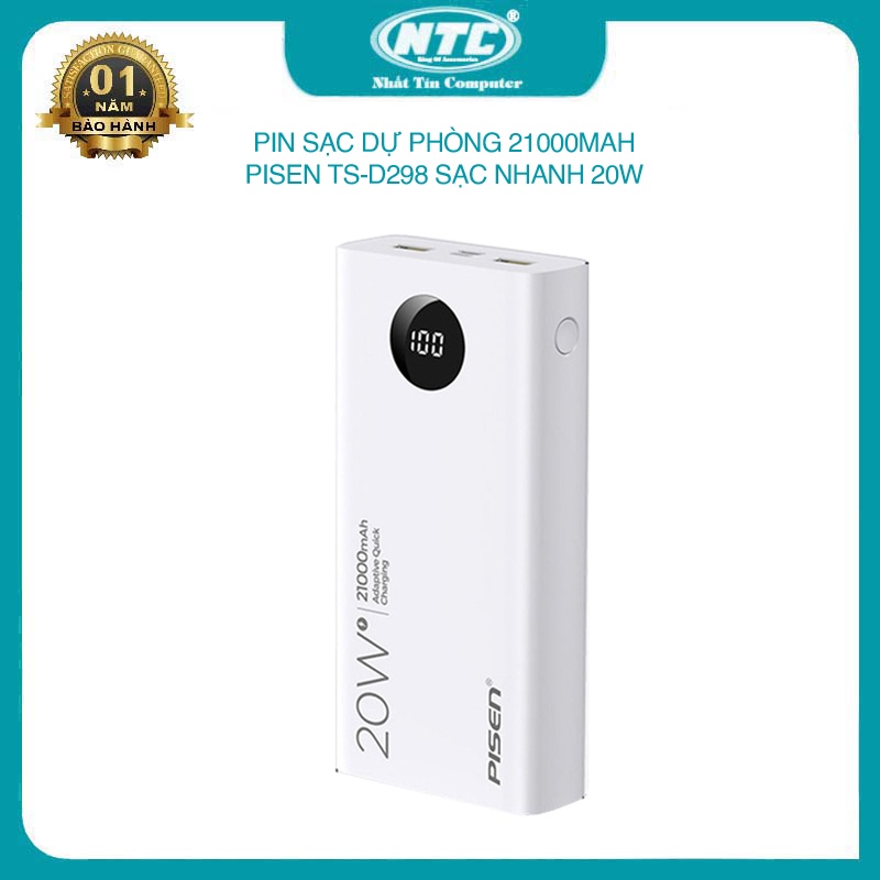 Pin sạc dự phòng Pisen Quick TS-D298 21000mAh 2 USB QC3.0 TypeC PD 20W hiển thị LED (Trắng) Nhất Tín Computer