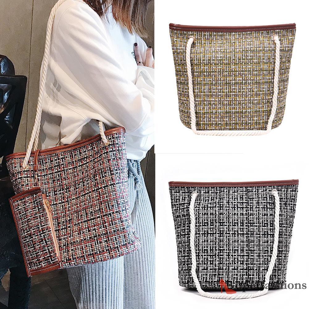 【Hot Sale】Large Totes Women Girls Braid Wool Plaid Clutch Shopping Shoulder Handbags