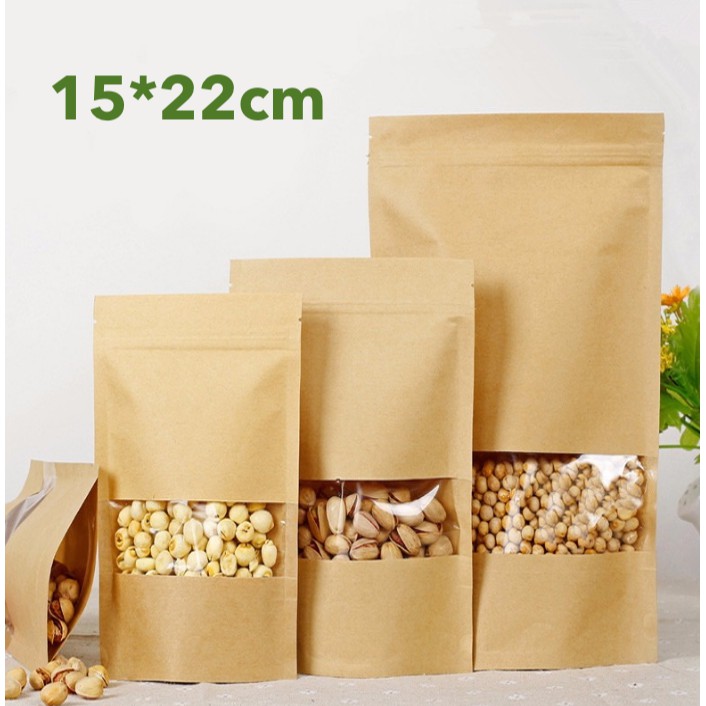 Túi zipper kraft 1kg có cửa sổ và đáy đứng 15 * 22cm - Màng bao bì thực phẩm - Bao bì sinh thái