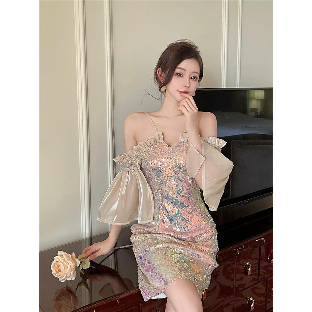 Đầm Ôm Dáng Cao Cấp Đính Kim Sa Một Mảnh Gợi Cảm Phong Cách Hàn Quốc Cho Nữ