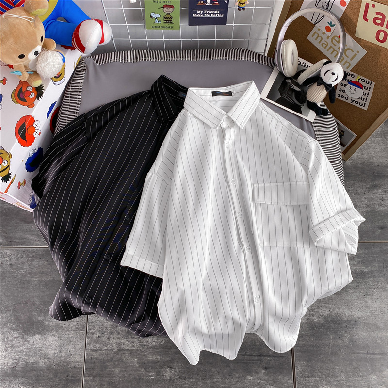 Áo sơ mi tay ngắn dáng rộng họa tiết kẻ sọc thời trang mùa hè cho unisex size M-3XL