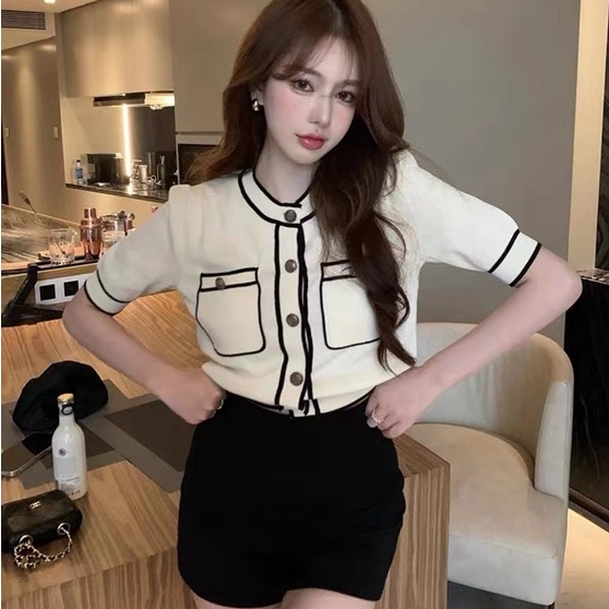 [Hana And Alice]  Áo Dệt Kim Tay Ngắn Vải Lụa Lạnh Mỏng Thời Trang Mùa Hè 2023 Small fragrance wind