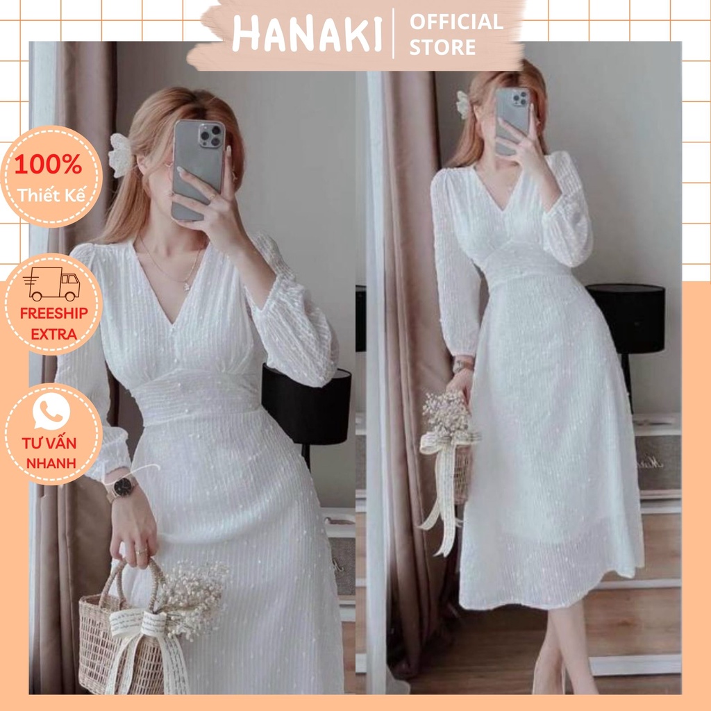 Đầm Dự Tiệc Màu Trắng Thiết Kế Cổ V Đính Ngọc Tay Dài Chất Vải Voan Nhũ May 2 Lớp Hanaki HNK348