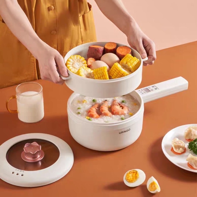 Nồi điện mini - ca nấu mì đa năng URINGO vương miện tráng men chống dính , bảo hành 12 tháng