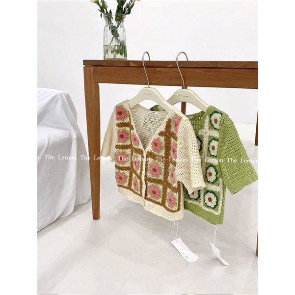 [Ảnh thật/Videp]Áo len pha tay hoa thêu Sunday  mã hai màu hồng xanh Áo mongtogi hàng Quảng Châu