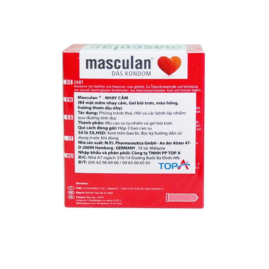 Hộp 10 cái Bao Cao Su Masculan Sensitive Type 1 (Masculan Đỏ) - Nhạy Cảm - Victory Pharmacy