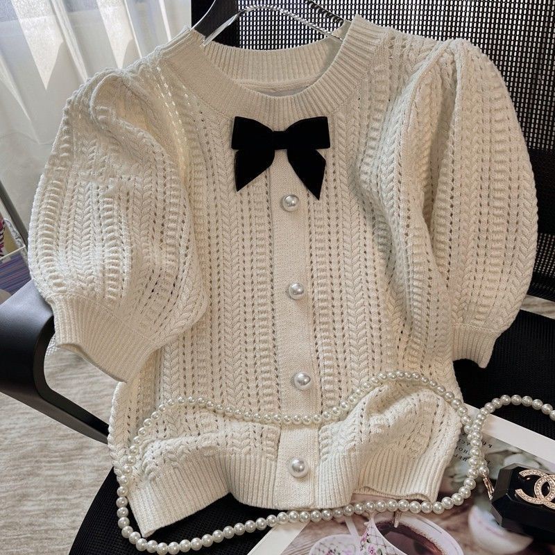 Áo Sweater Tay Ngắn Màu Trơn Thắt Nơ Phong Cách Pháp Thời Trang Cho Nữ Dễ Phối Đồ  tao bao