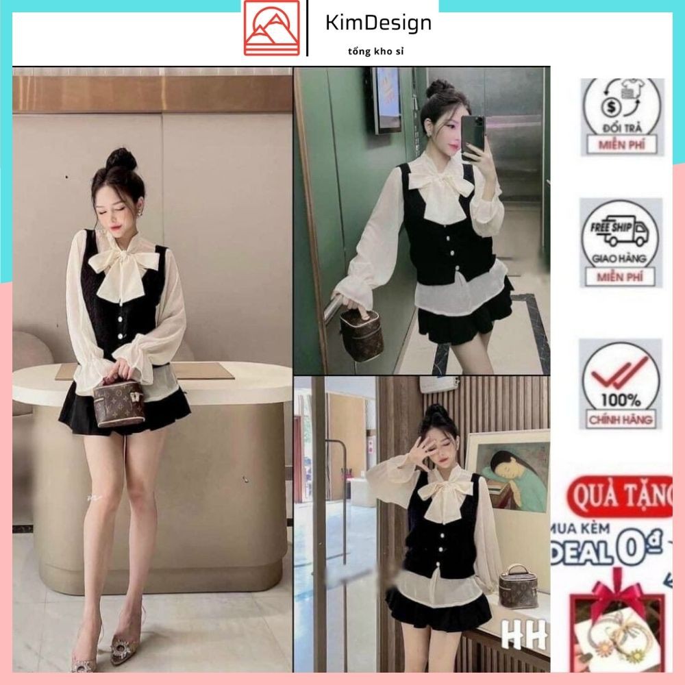 Áo sơ mi kiểu nữ tay bèo vải tơ óng cổ nơ kèm áo gile xiêu xinh freesize KimDesign QATE A009