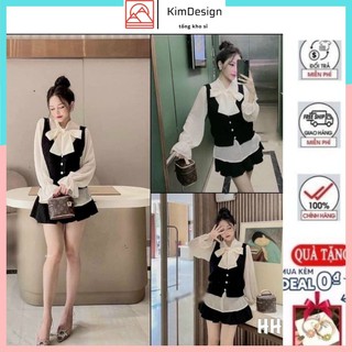Áo sơ mi kiểu nữ tay bèo vải tơ óng cổ nơ kèm áo gile xiêu xinh freesize KimDesign QATE A009