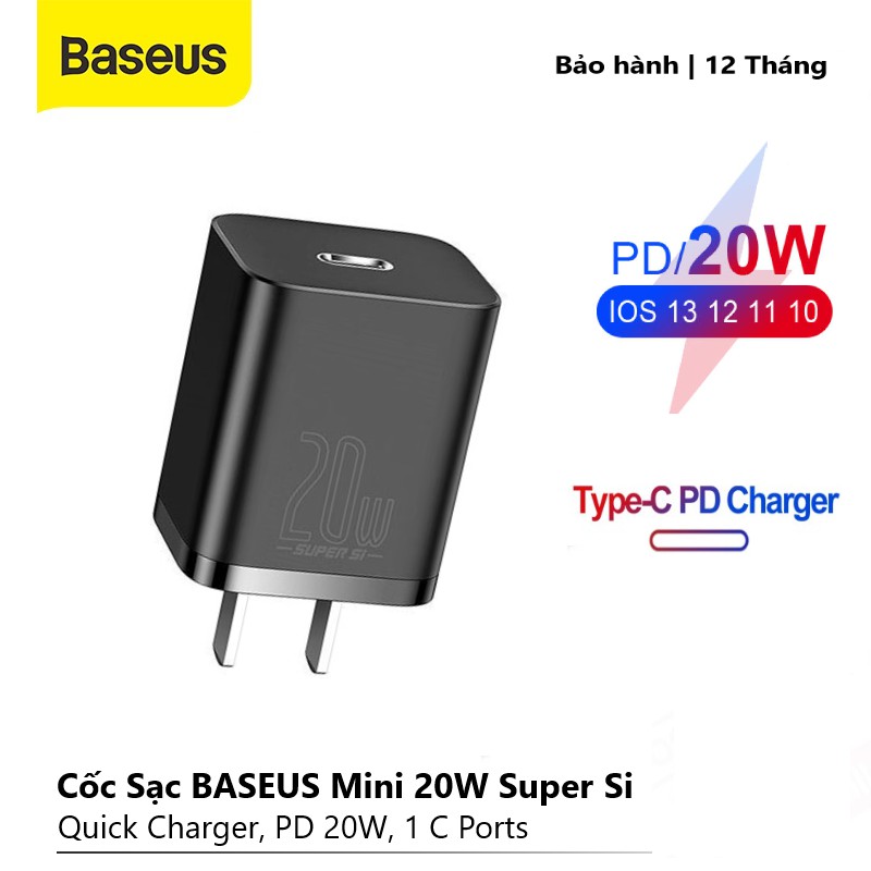 Củ Sạc Nhanh Baseus Super Si Mini PD 20W / Củ sạc nhanh PD Baseus Speed Mini 18W PD 3.0 - Bảo hành 12T