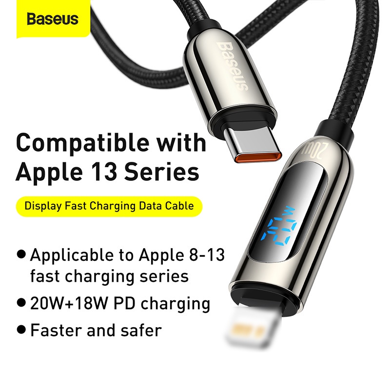 Cáp Sạc Nhanh PD 18w 20w Bọc Dù Baseus Display Fast Charging Có Đèn Led Hiển Thị Công Suất Sạc, Truyền Dữ Liệu 480Mbps
