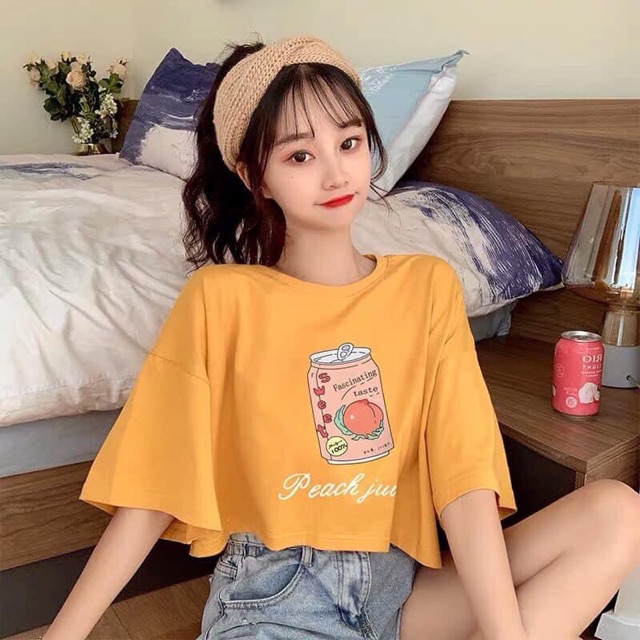 (Ảnh thật) Áo croptop in hình Peach màu (vàng/đen)