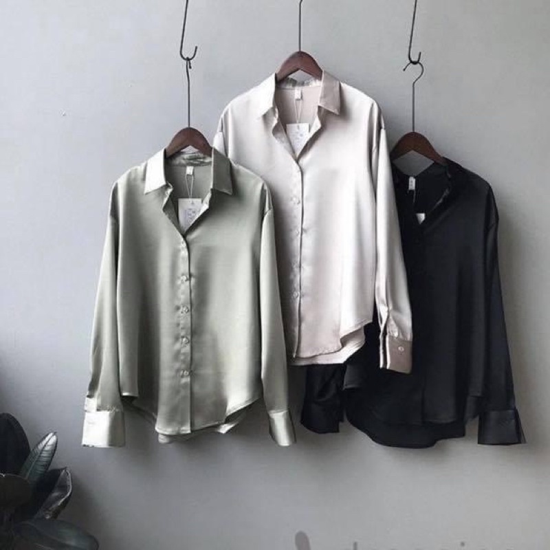 Áo sơ mi kiểu tay dài nữ lụa satin phi bóng oversize form rộng trơn - Order taobao quảng châu