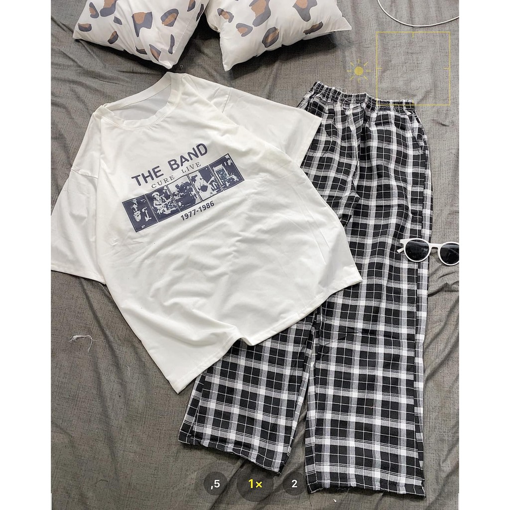 [ Free size ] Set Quần Culottes & Áo Thun The Band Bộ quần cạp chun ống suông kẻ caro và áo thun Ulzzang form rộng ❤️