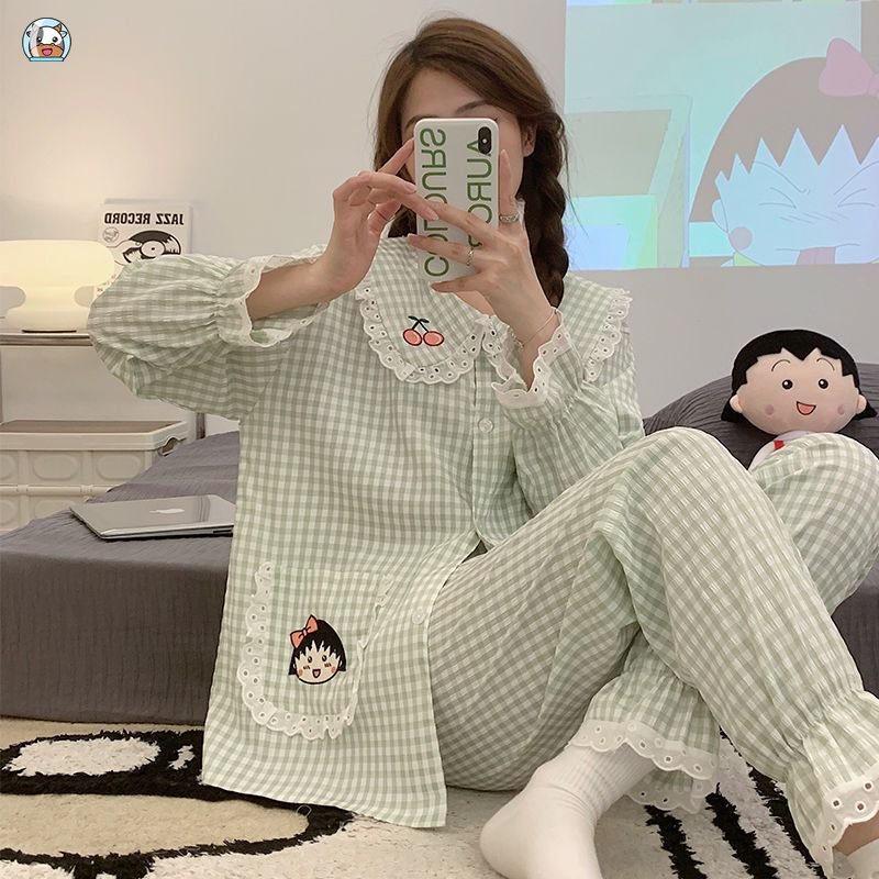 Bộ Đồ Ngủ Dài Tay Họa Tiết Ca Rô Màu Hồng Xinh Xắn Dành Cho Nữ