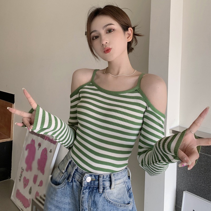 Áo Dệt Kim Nữ Trễ Vai Tay Dài Kẻ Sọc Thời Trang Hàn Quốc