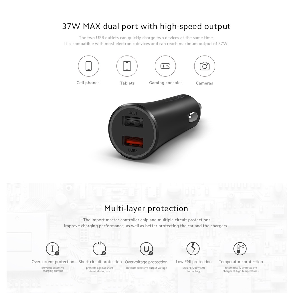 Tẩu sạc ô tô Xiaomi Mi CC06ZM công suất 37W, cốc sạc ô tô 2 cổng USB
