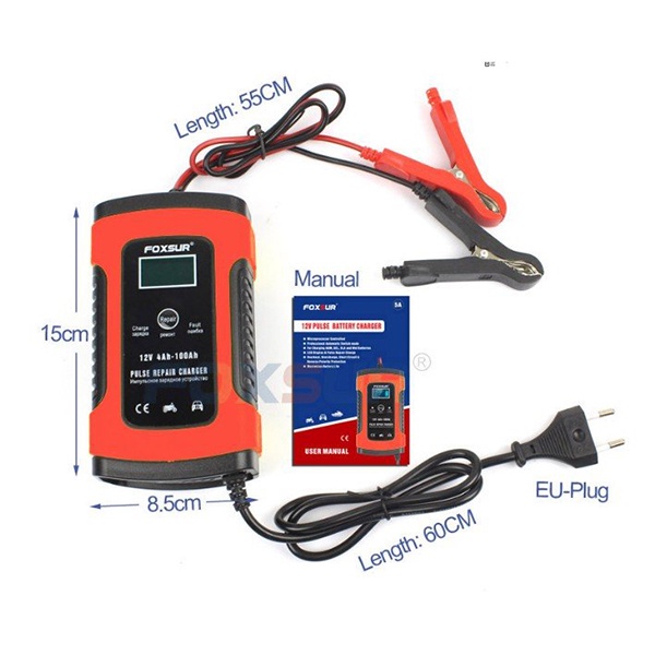 Máy sạc bình ắc quy 12V 5A - 100AH FOXSUR, SẠC NHANH có chức năng khử sunfat sạc ắc quy xe máy ô tô màu ngẫu nhiên