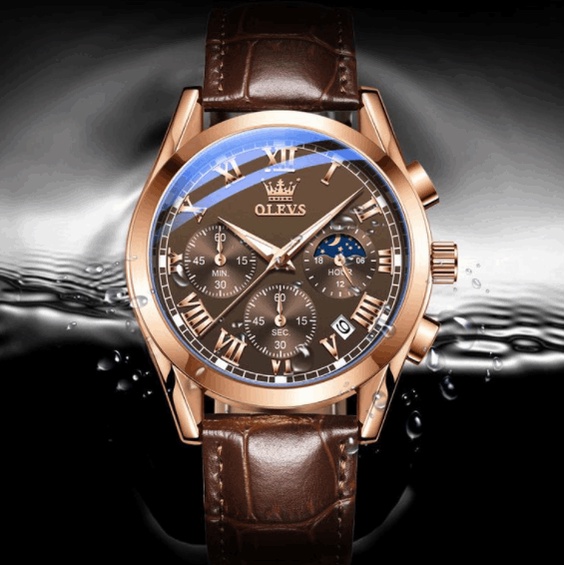 Đồng hồ nam dây da OLEVS 6 kim chống nước, mặt kính cường lực chống xước hiển thị lịch Nhật Nguyệt phong cách Thụy Sĩ | BigBuy360 - bigbuy360.vn