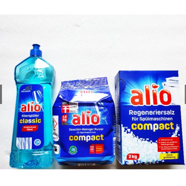 Combo bột rửa bát Alio 1,8kg, bóng Alio 1000ml, muối Alio 2kg ( EU )