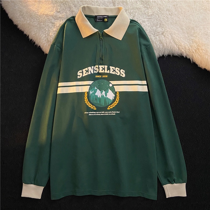 Áo Sweater Dáng Rộng Cổ Polo Phối Khóa Kéo Kiểu Retro Mỹ Thời Trang Mùa Xuân Cho Nữ