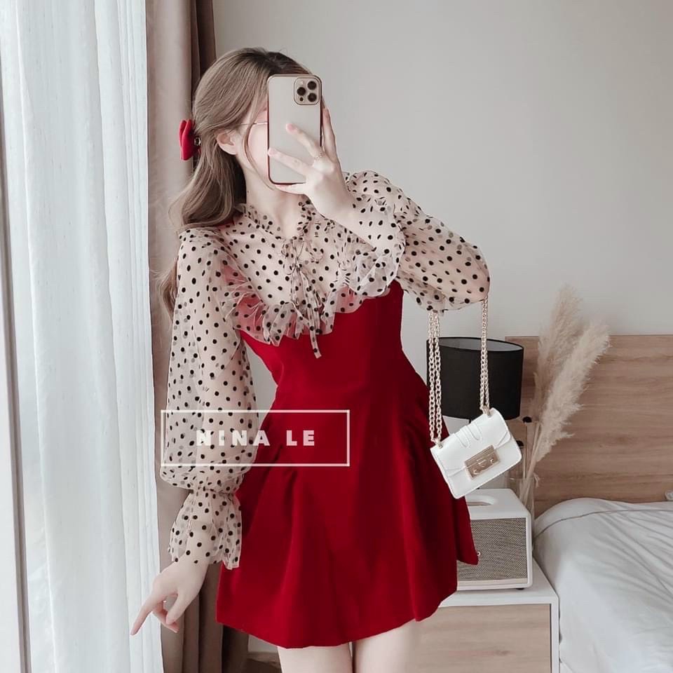 [FREE SHIP] ĐẦM XÒE NỮ PHỐI LƯỚI BI NHÚN BÈO 2 MÀU ĐỎ- ĐEN DỰ TIỆC CỰC XINH VLTN4