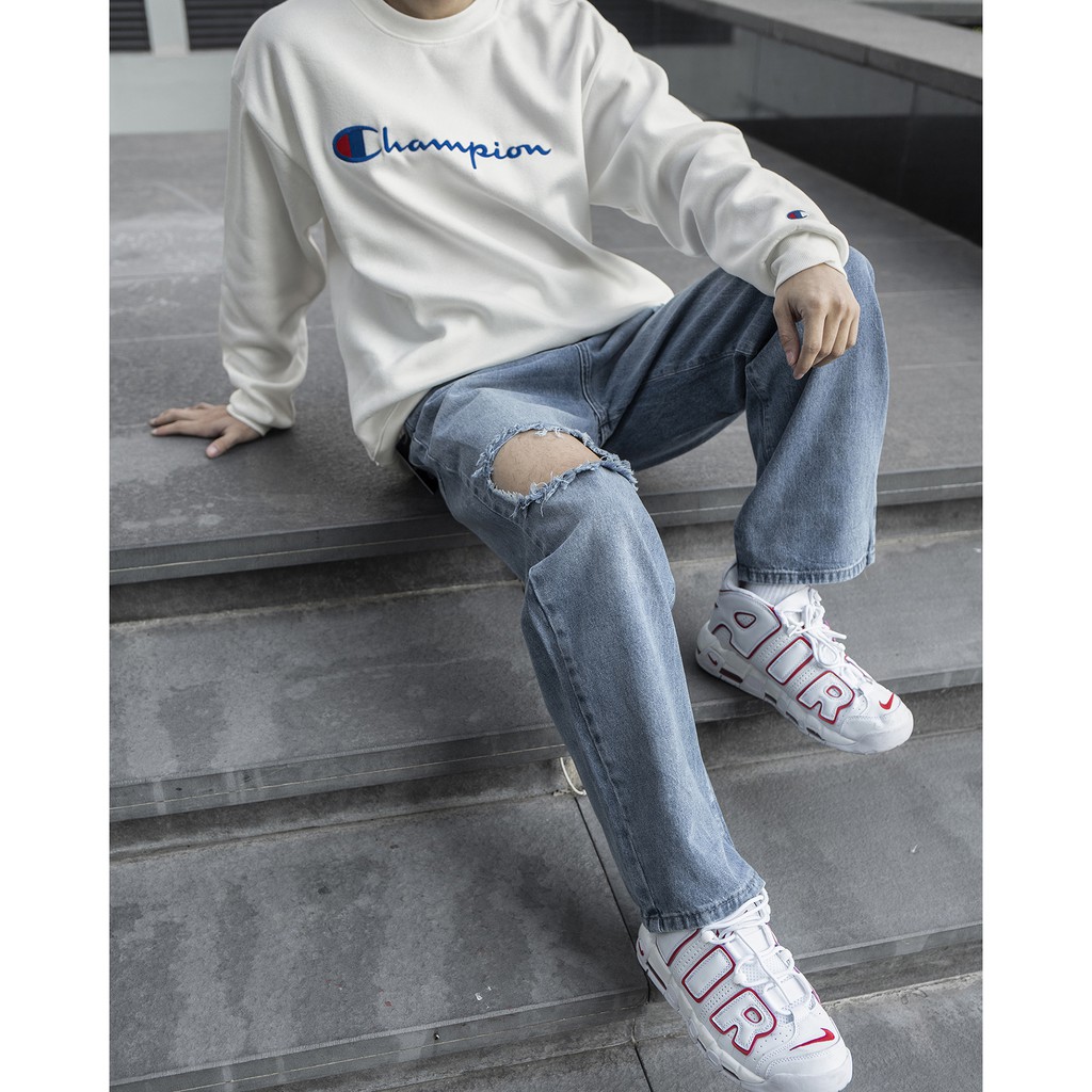 Quần Baggy Ống Suông Đứng Rách Gối To - Chất Vải Jeans Cao Cấp Mềm Mịn - Unisex Nam Nữ Hot Trend Dễ Phối Đồ -  Màu Xanh