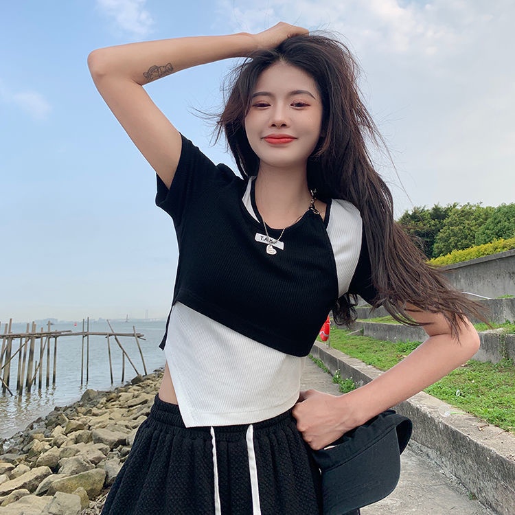 COZOK Áo Thun Tay Ngắn Dáng Ôm Phối Màu Tương Phản Trẻ Trung Phong Cách Hàn Quốc Hợp Thời Trang