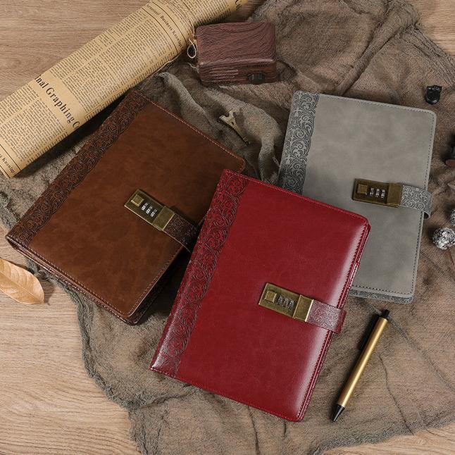 Sổ còng A5 bìa da bò cao cấp phong cách cổ điển vintage có khóa số tiện dụng