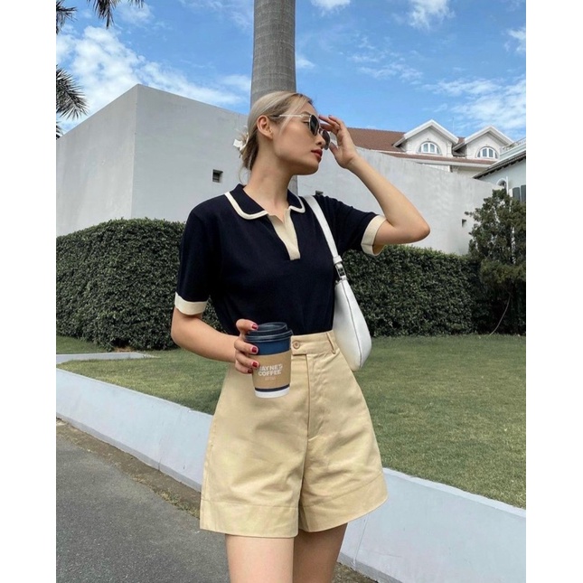 SET ÁO ĐEN VIỀN CỔ VIỀN TAY KÈM QUẦN SHORTS NUDE