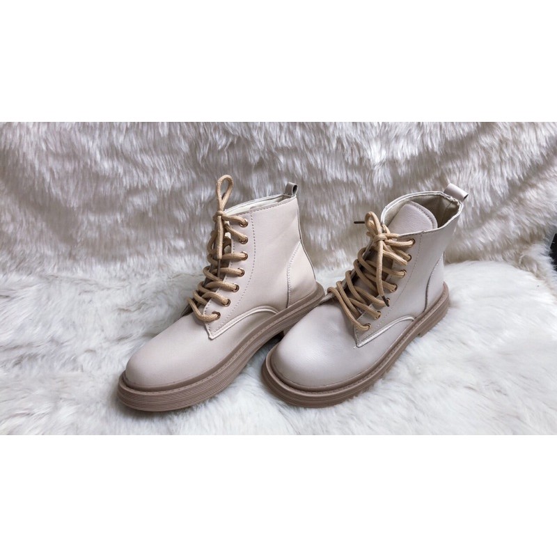 Hàng Có Sẵn Giày bốt da mềm nữ ulzzang cao cổ 2 màu đen và be gót vuông
