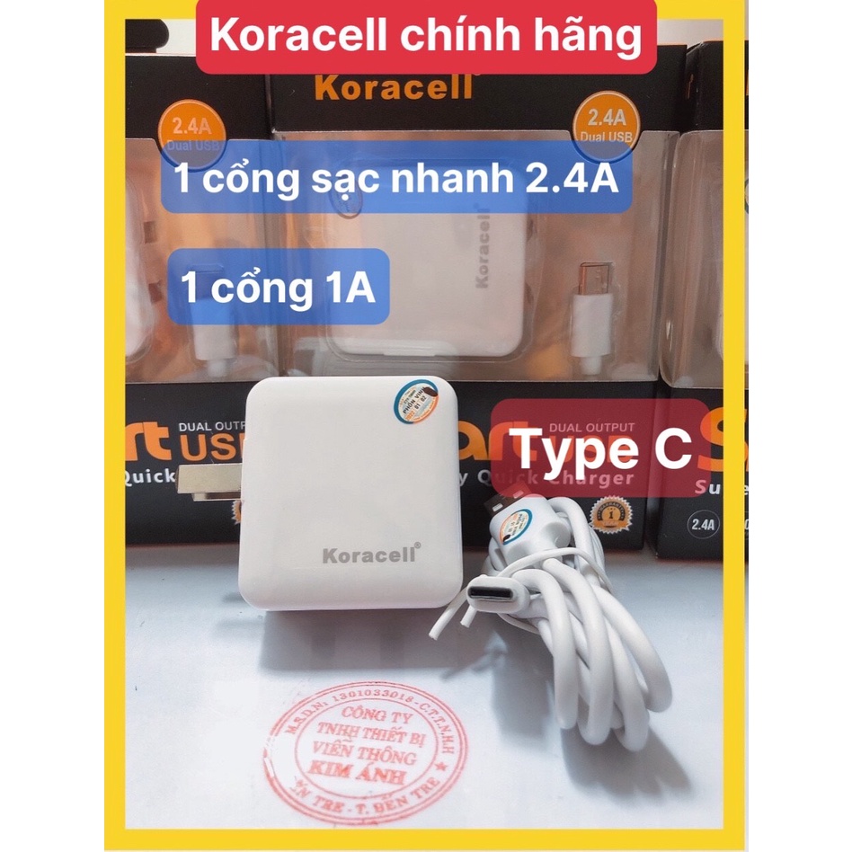 Type C -Bộ sạc nhanh Koracell 2.4A cổng Type C, có 2 cổng USB, Hàng chính hãng, bảo hành 12 tháng