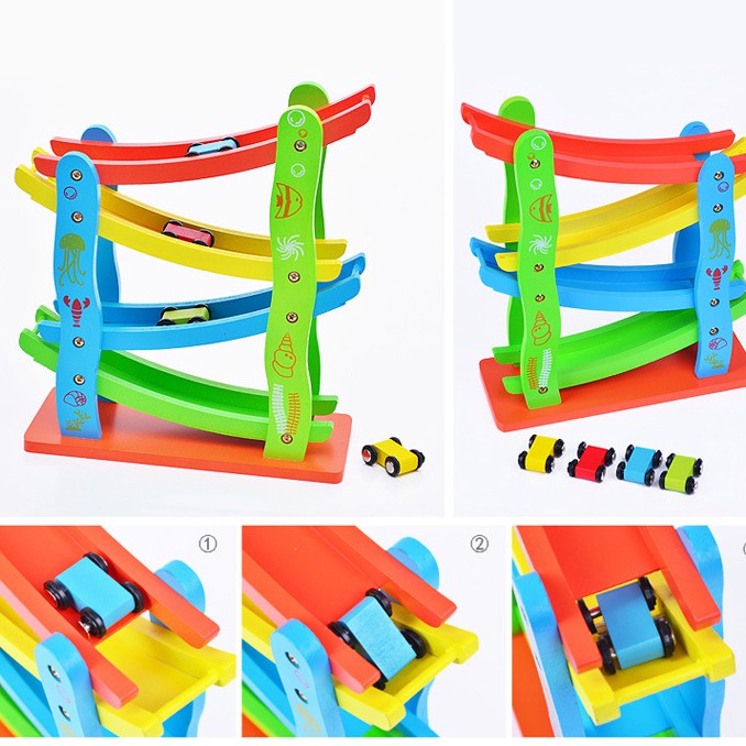 Đồ chơi cầu trượt ô tô 4 tầng bằng gỗ