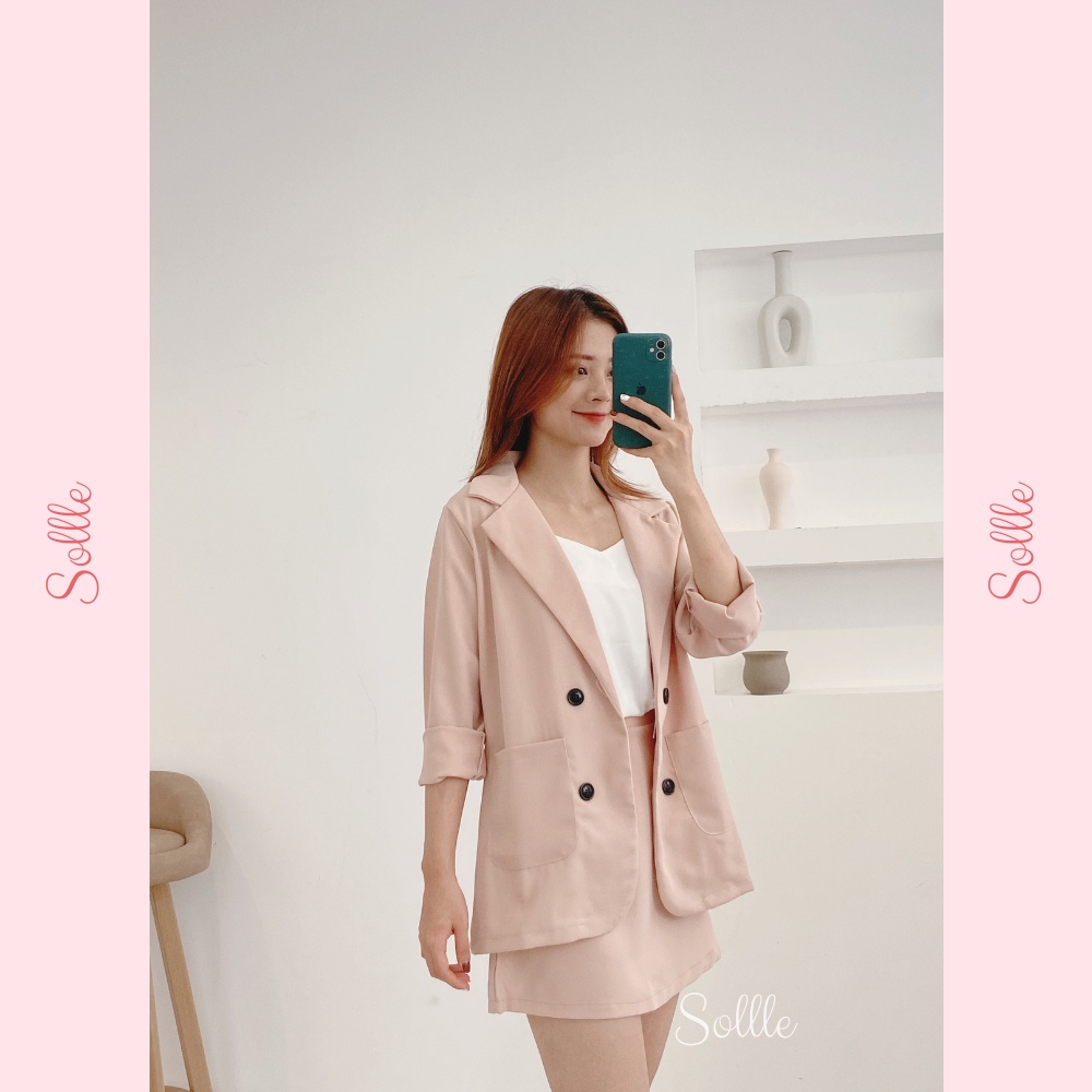 Set áo vest trơn blazer dài tay kèm chân váy ngắn A chun lưng free size Hàn Quốc nhiều màu lịch sự Sollle