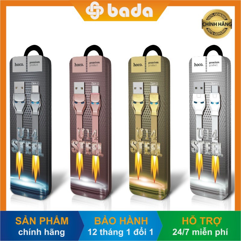 Cáp sạc chính hãng HOCO U14 Steel Man dây dẹt 1,2M có đèn báo LED xanh | USB to Lightning/ Micro/ Type C