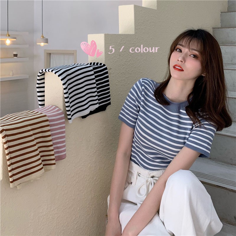 Áo Thun Nữ Ngắn Tay Cổ Tròn Kẻ Sọc Chất Dệt Kim Thời Trang Hàn Quốc