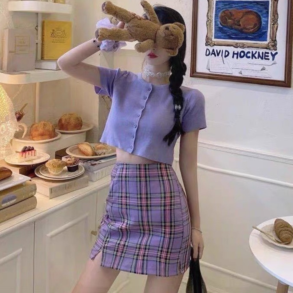 Chân Váy Chữ A / Chân Váy Lưng Cao Họa Tiết Caro Thời Trang Cho Nữ