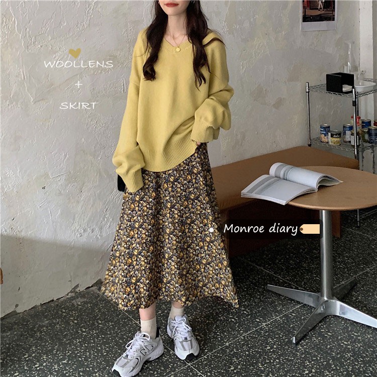 Set áo len + chân váy hoa nhí dáng dài | Shopee Việt Nam