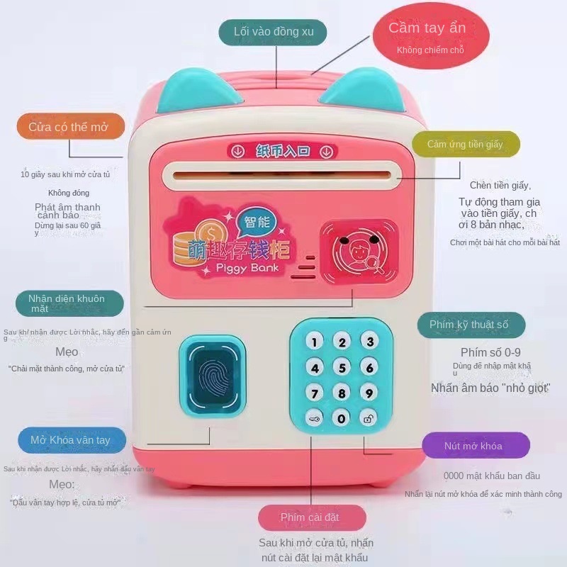Lon tiết kiệm thông minh cho trẻ em, hộp tiền gửi mật khẩu vân tay tự động, nhận dạng khuôn mặt mở khóa TTD257
