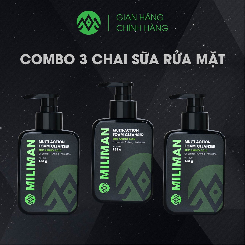 {Tặng xịt thơm miệng} Combo 3 Chai Sữa Rửa Mặt Nam Da Dầu Trắng Da Ngừa Mụn MILIMAN Multi – Action Foam Cleanser 168g