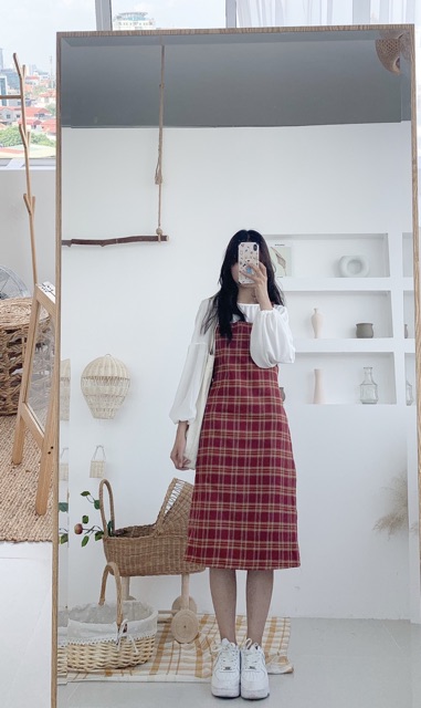 Set Váy Yếm Kẻ Caro + Áo Tay Bồng Ulzzang