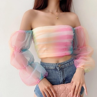 ÁO CROPTOP, ÁO KIỂU TRỄ VAI 3 MÀU VẢI VOAN TAY BỒNG - LSEOUL