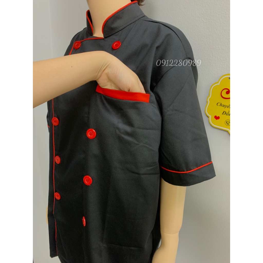 Áo đầu bếp nam nữ cao cấp dày dặn màu đen tay dài _ Hình chụp thật